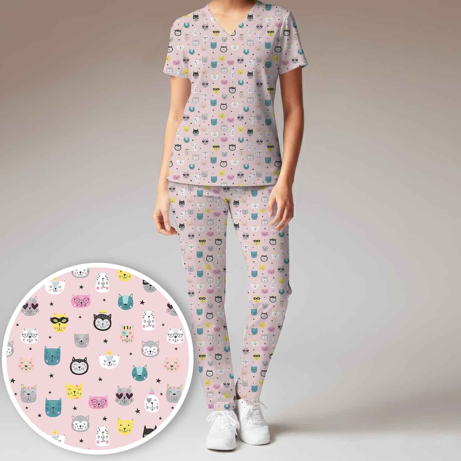Cute Colorful Cat Pattern Women's Scrub Sets, Breathable Med Uniform