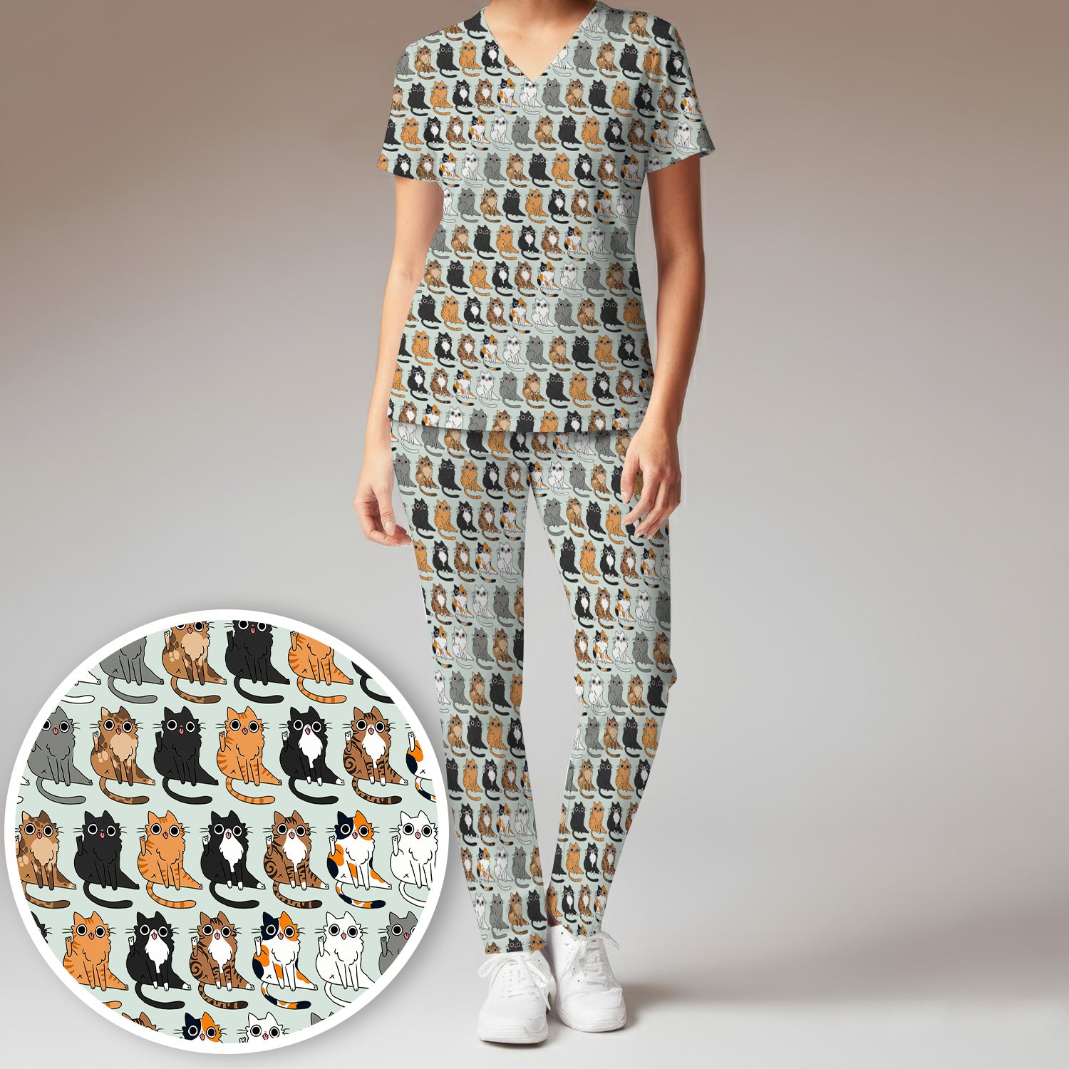 Cute Cartoon Cat Pattern Women's Scrub Set, Scrub Pants and V Neck Top