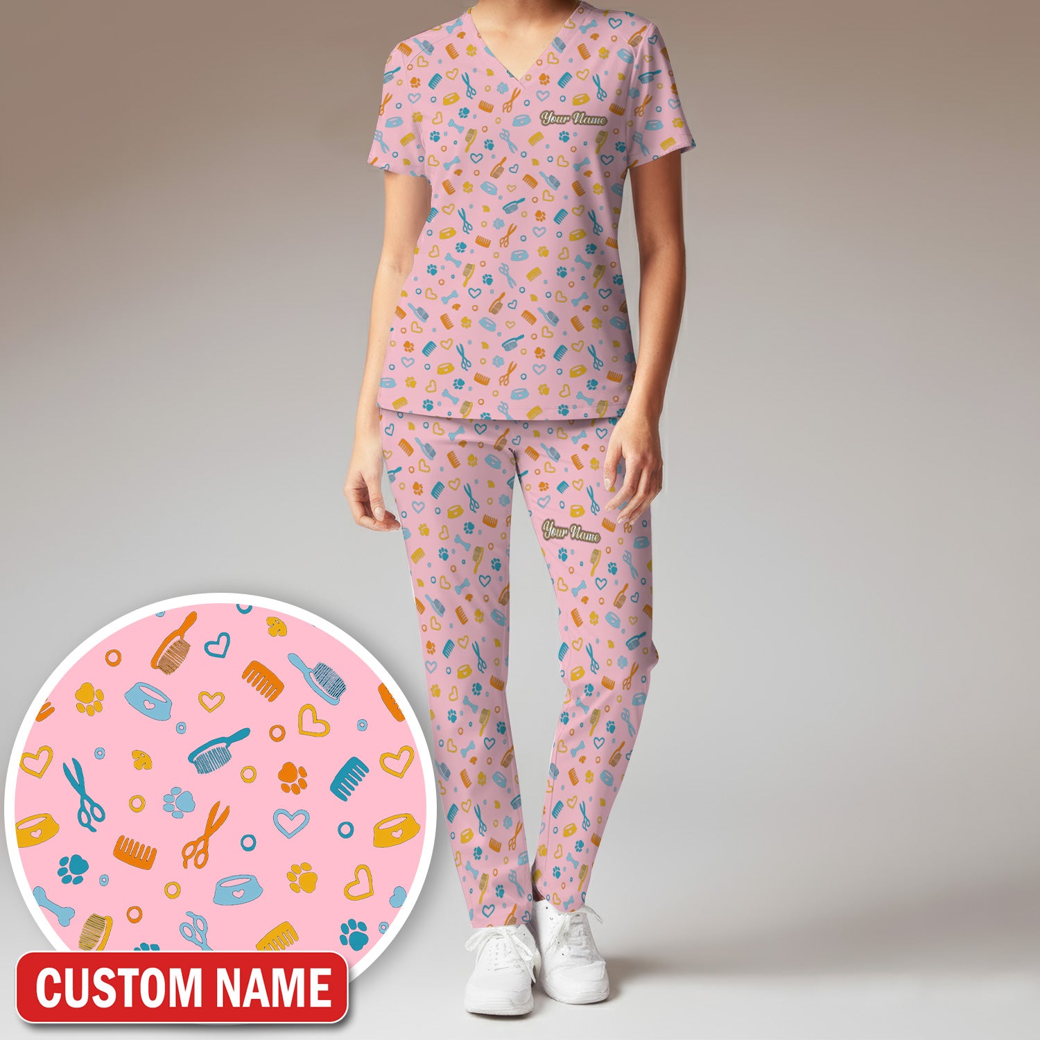 Custom Name Dog Cat Grooming Pattern Scrub Set, Scrub Pants and V Neck Top