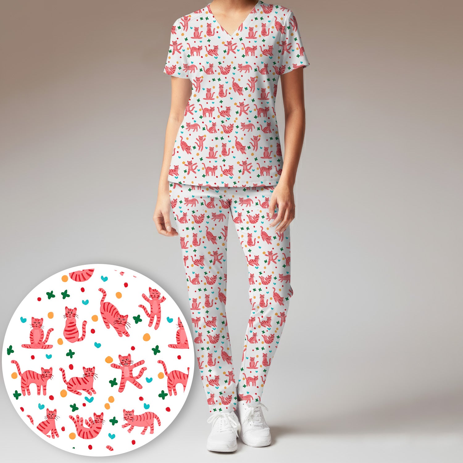 Cute Pink Cat Pattern Women's Scrub Sets, Scrub Pants and V Neck Top