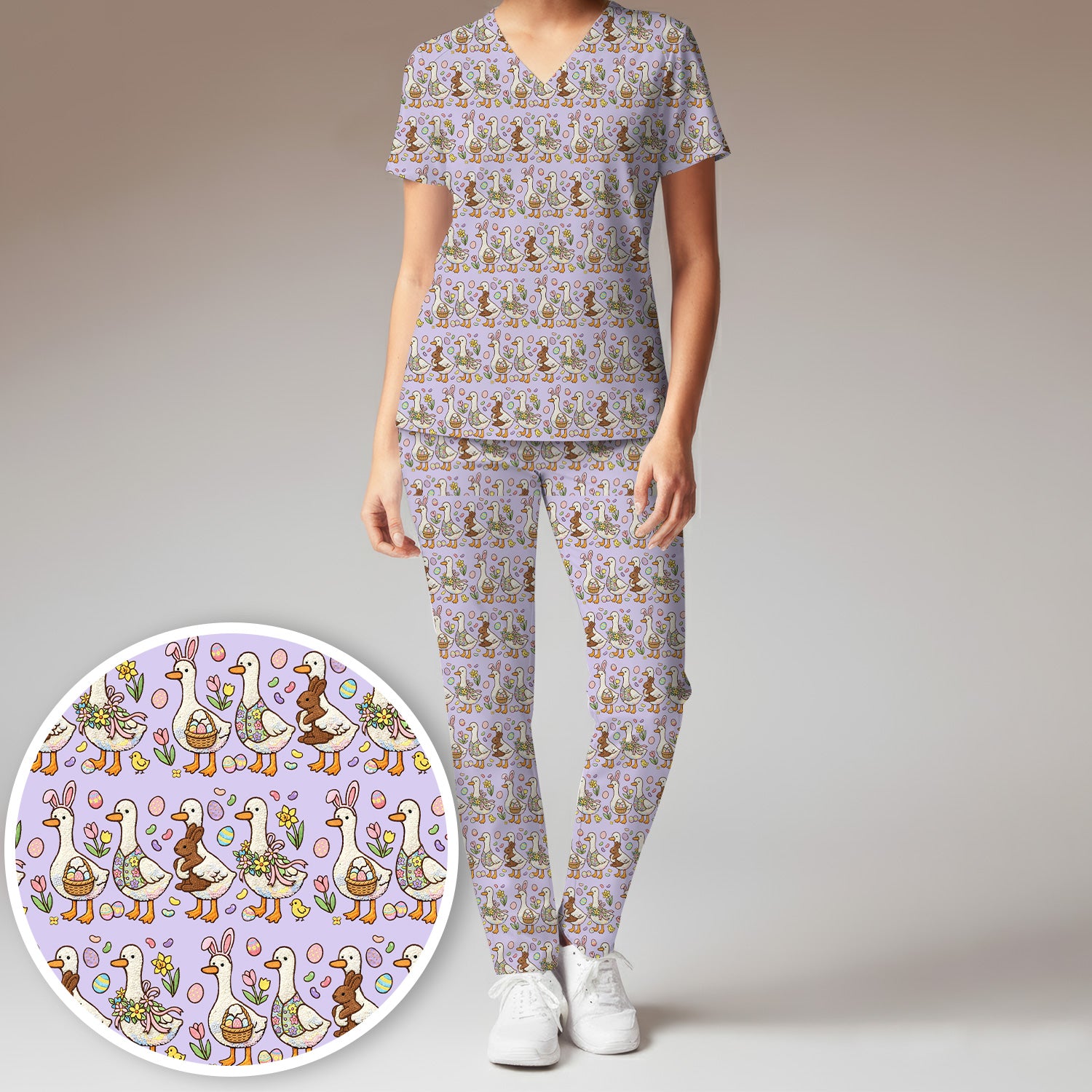 Easter Theme Duck and Bunny Egg Floral Print Scrub Set, Breathable Med Uniform