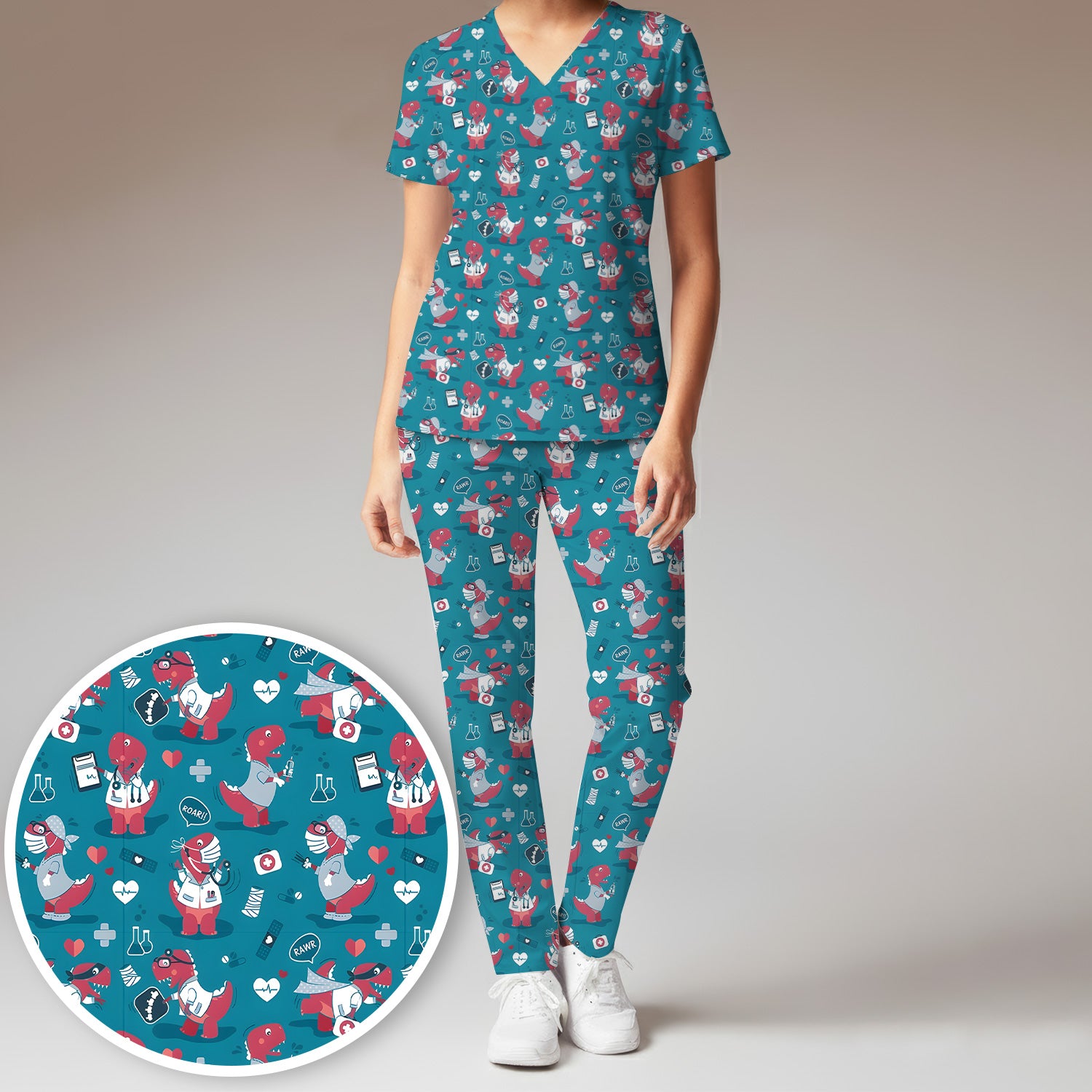 Cute Dinosaur Doctor Medical Pattern Scrub Set, Women's Scrub Sets