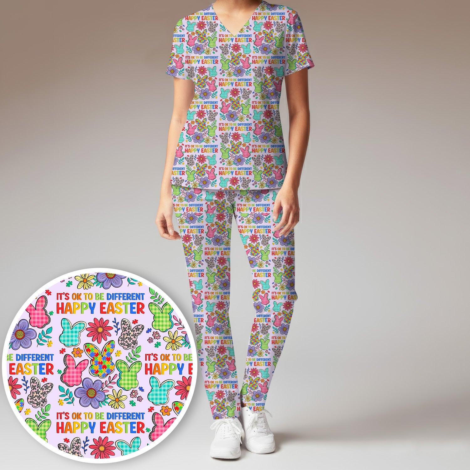Happy Easter Bunny Floral Print Scrub Set, Breathable Med Uniform