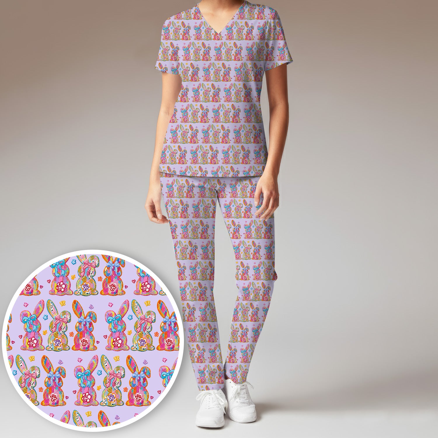 Cute Pastel Bunny Floral Pattern Scrub Set, Breathable Med Uniform