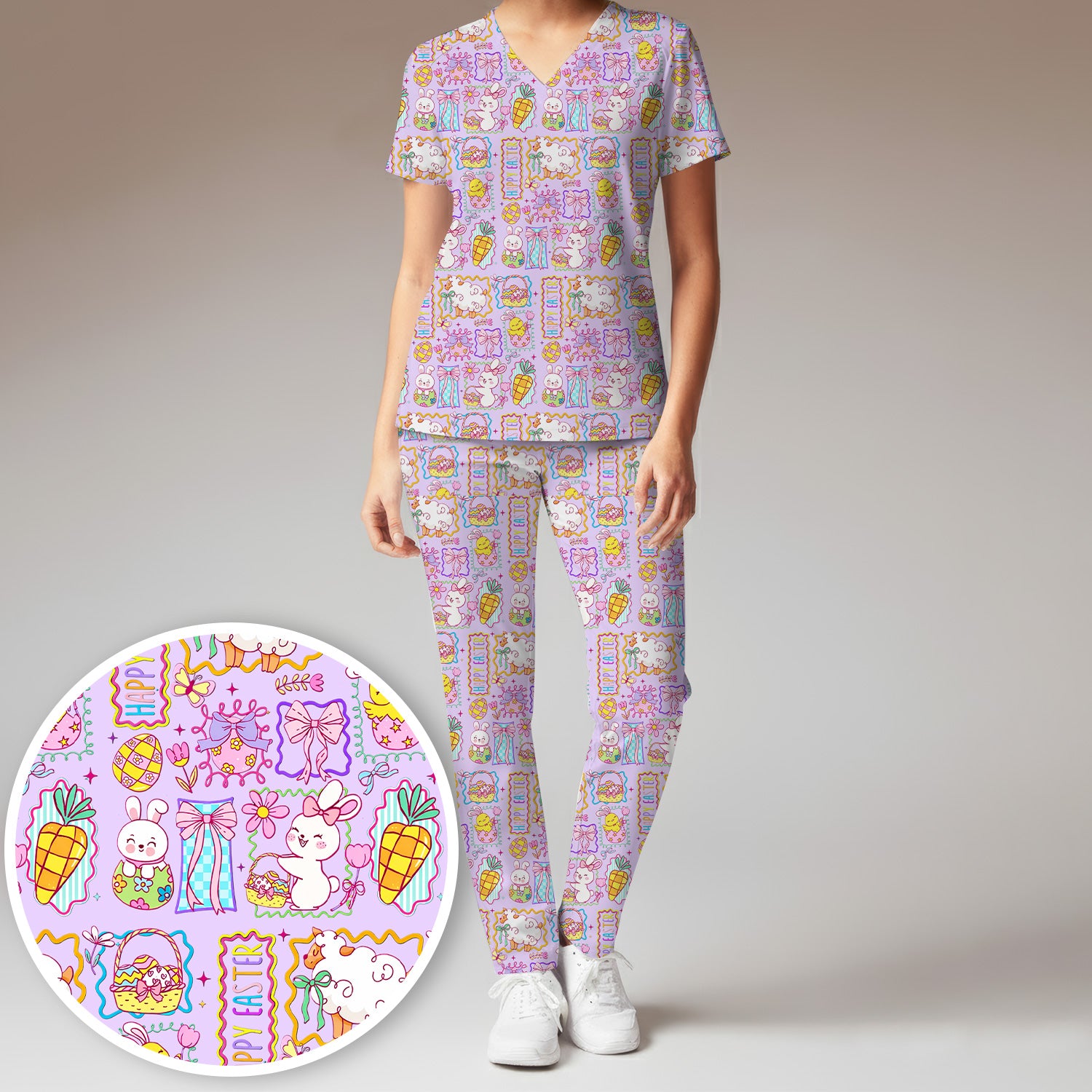 Cute Easter Bunny Egg and Bow Print Scrub Set, Scrub Pants and V Neck Top