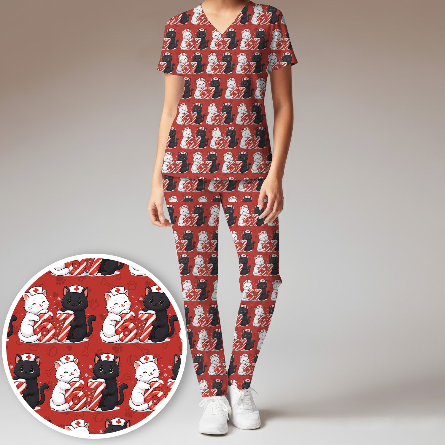 Xmas Cat Pattern Scrub Set, Christmas Nurse Six Seven With Cat Scrub Shirt, Breathable Fabrics Nursing Uniform
