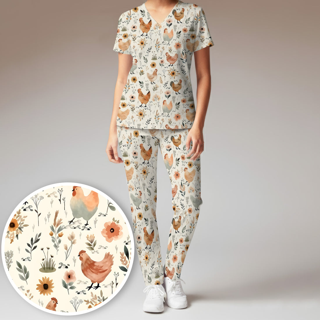Charming Chicken Floral Farm Pattern Scrub Set, Scrub Pants and V Neck Top