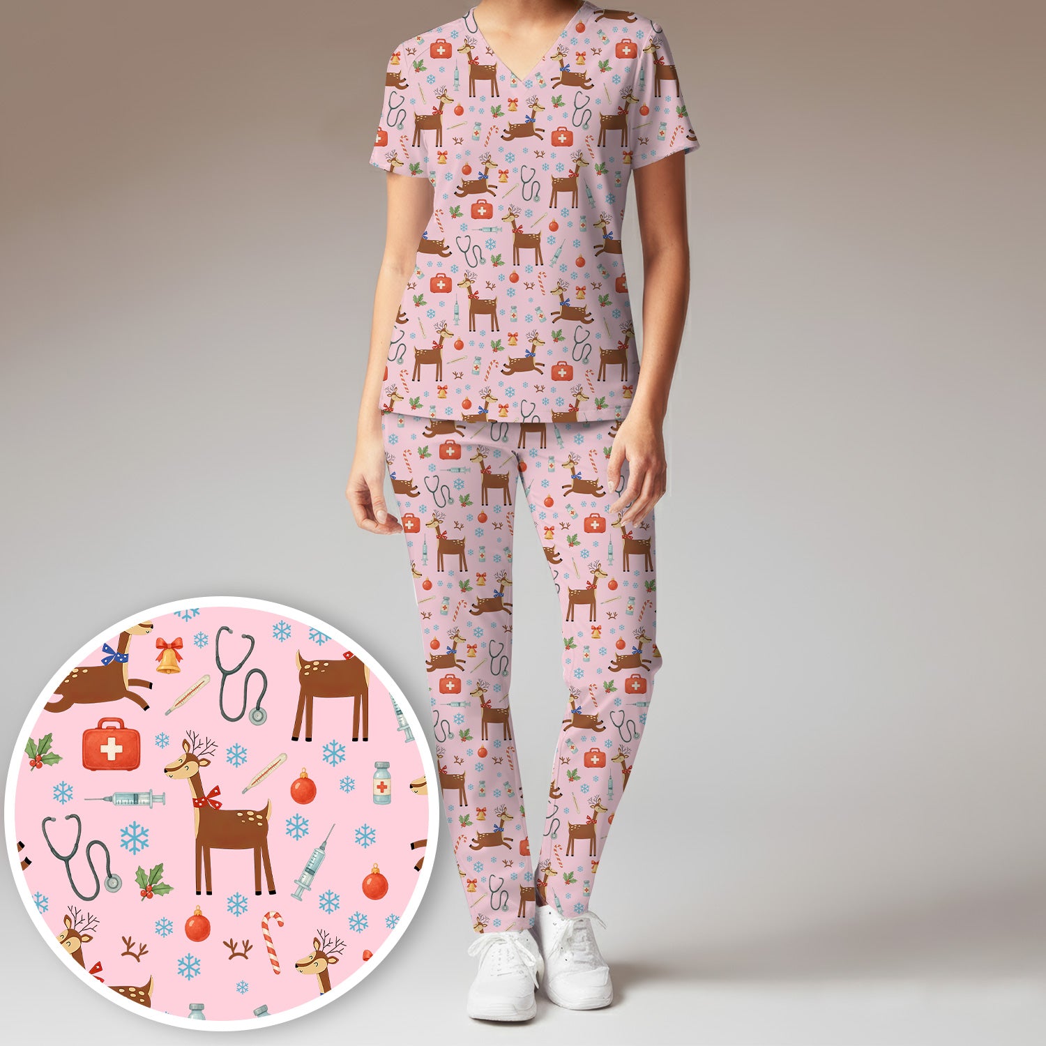 Reindeer Christmas Scrub Set - Snowflakes Candy Canes Holiday Scrubs Pants and V Neck Top - Xmas Gift for Women RN CNA LPN