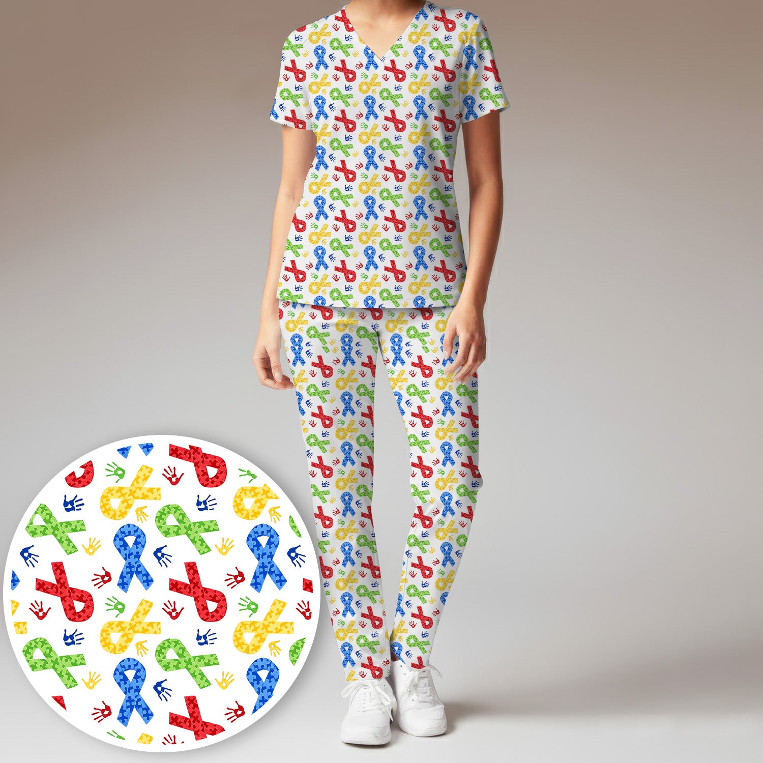 Multicolor Ribbon Pattern Print Scrub Set, Scrub Pants and V Neck Top