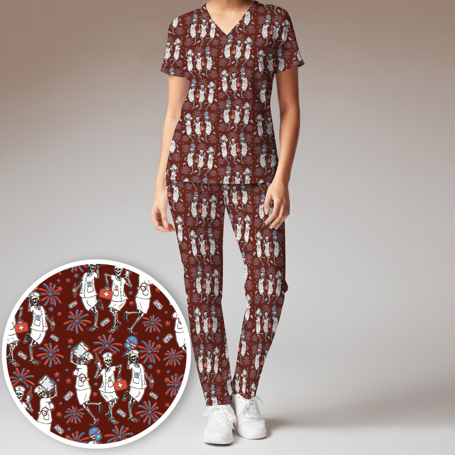 Funny Skeleton Nurse Patriotic Print Scrub Set, Scrub Pants and V Neck Top