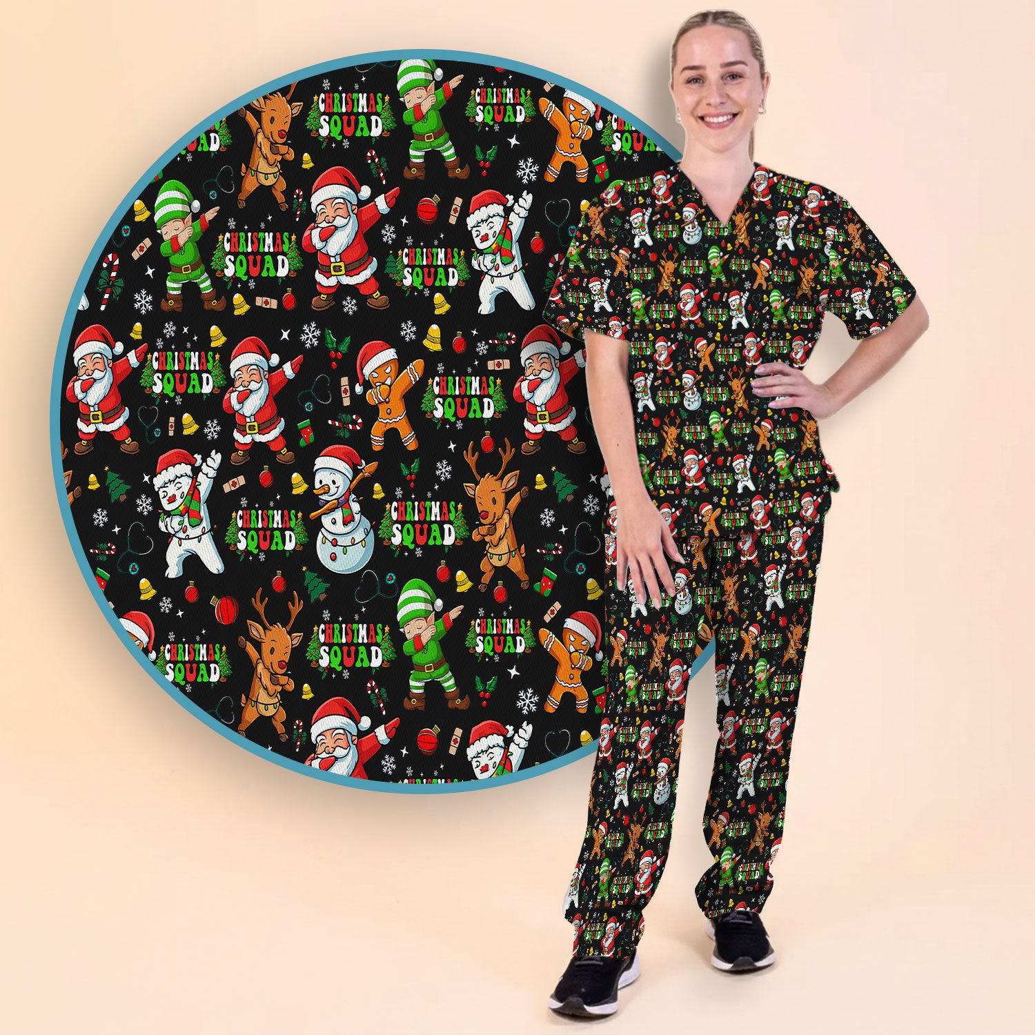 Christmas Squad Scrub Set - Funny Santa & Reindeer Pants and V Neck Top - Cute Holiday Medical Uniform for Nurses, Doctors & Vet Techs