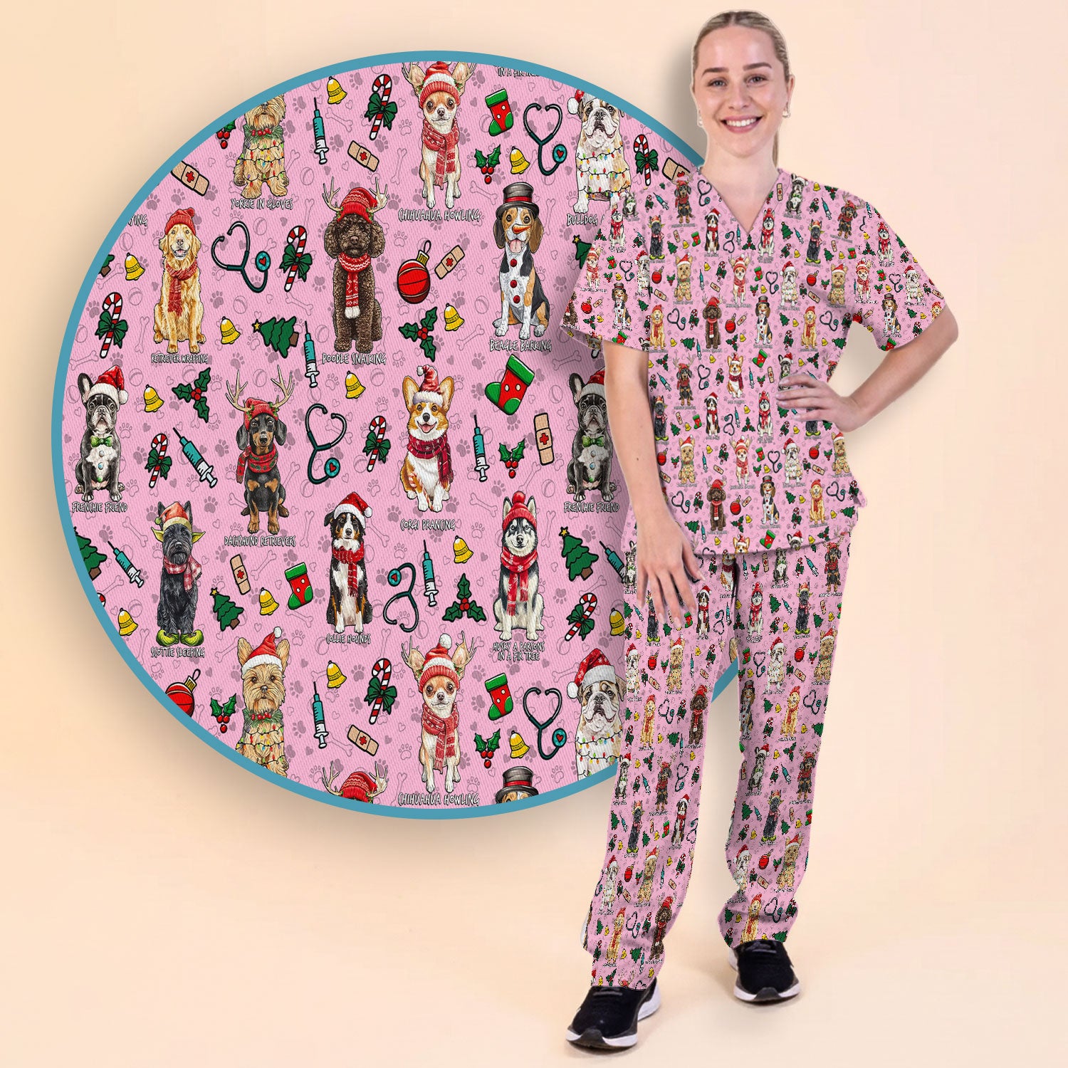 Christmas Dog Scrub Set for Nurses - Dachshund, Husky, Poodle, Corgi & Labrador Holiday Scrub Top and Pants - Funny Santa Medical Shirt