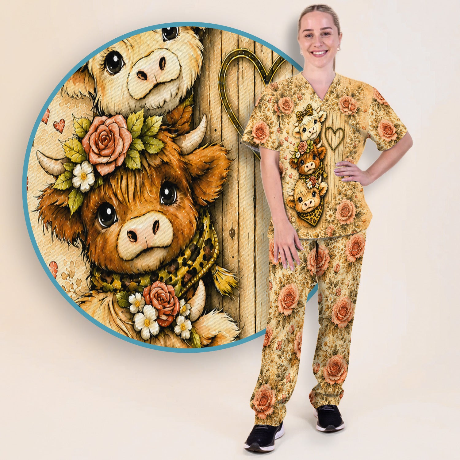 Highland Cow with Floral Farmhouse Scrub Set, Scrub Pants and V Neck Top