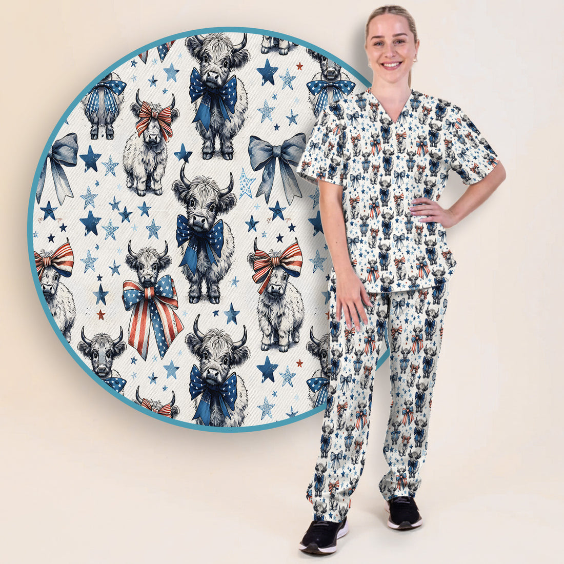 Patriotic Highland Cow Stars Pattern Scrub Set, Scrub Pants and V Neck Top