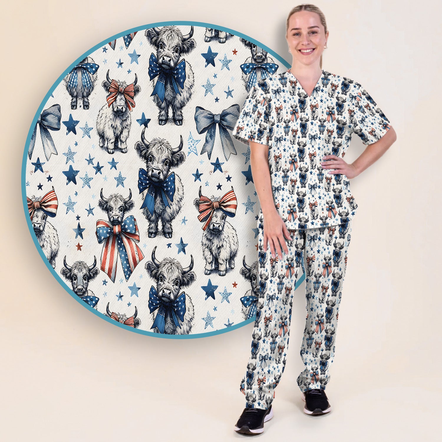 Patriotic Highland Cow Stars Pattern Scrub Set, Scrub Pants and V Neck Top