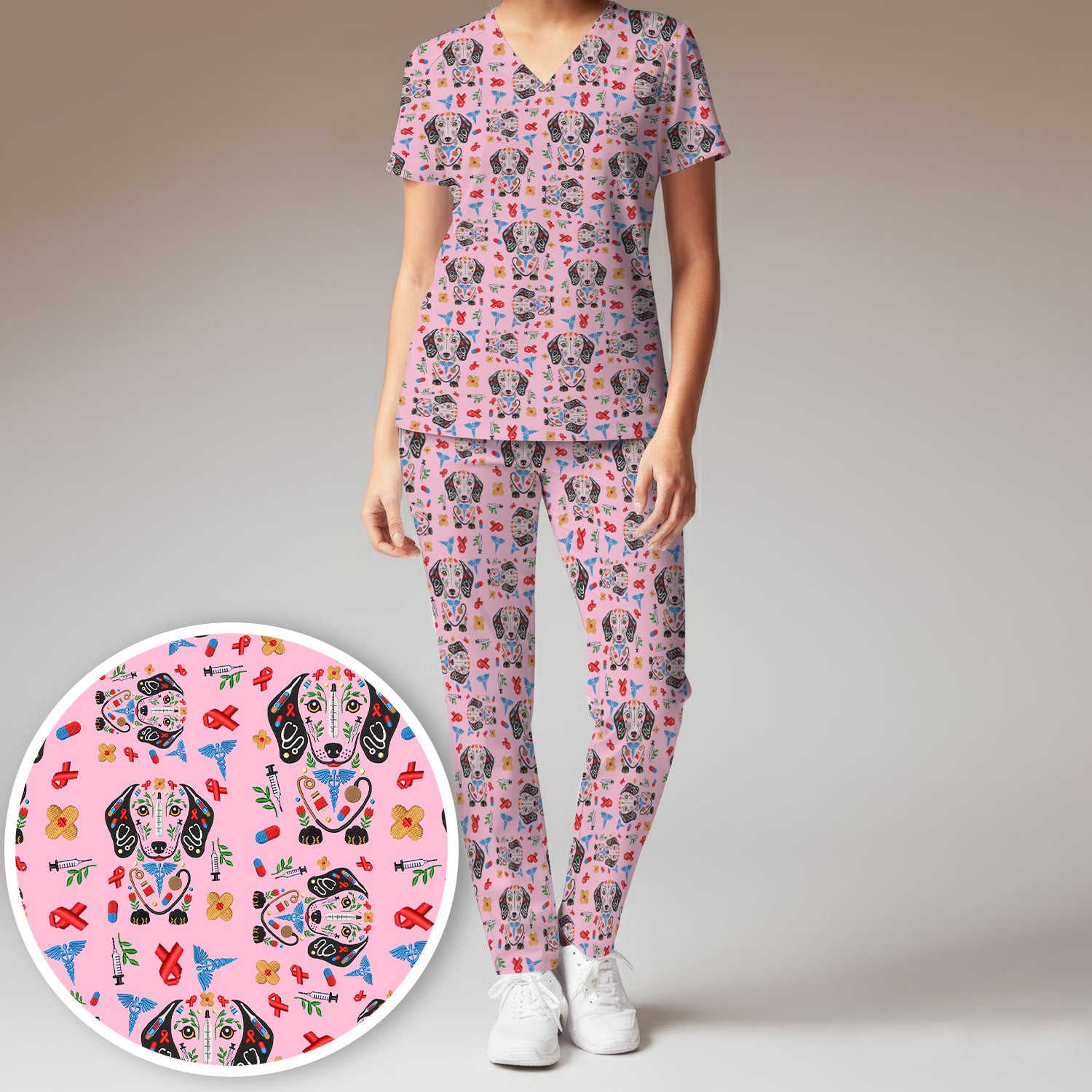 Dachshund Medical Icon Pattern Scrub Set, Women's Scrub Sets