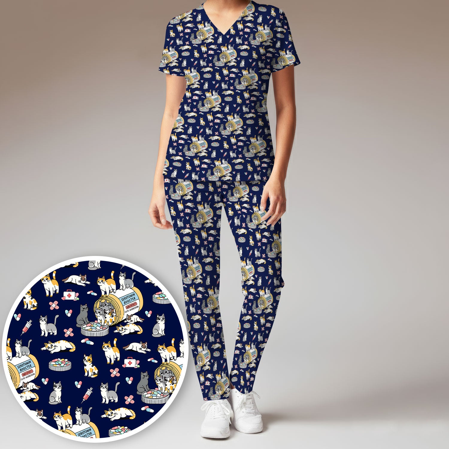 Cute Cat Serotonin Booster Pattern Women's Scrub Set, Breathable Med Uniform