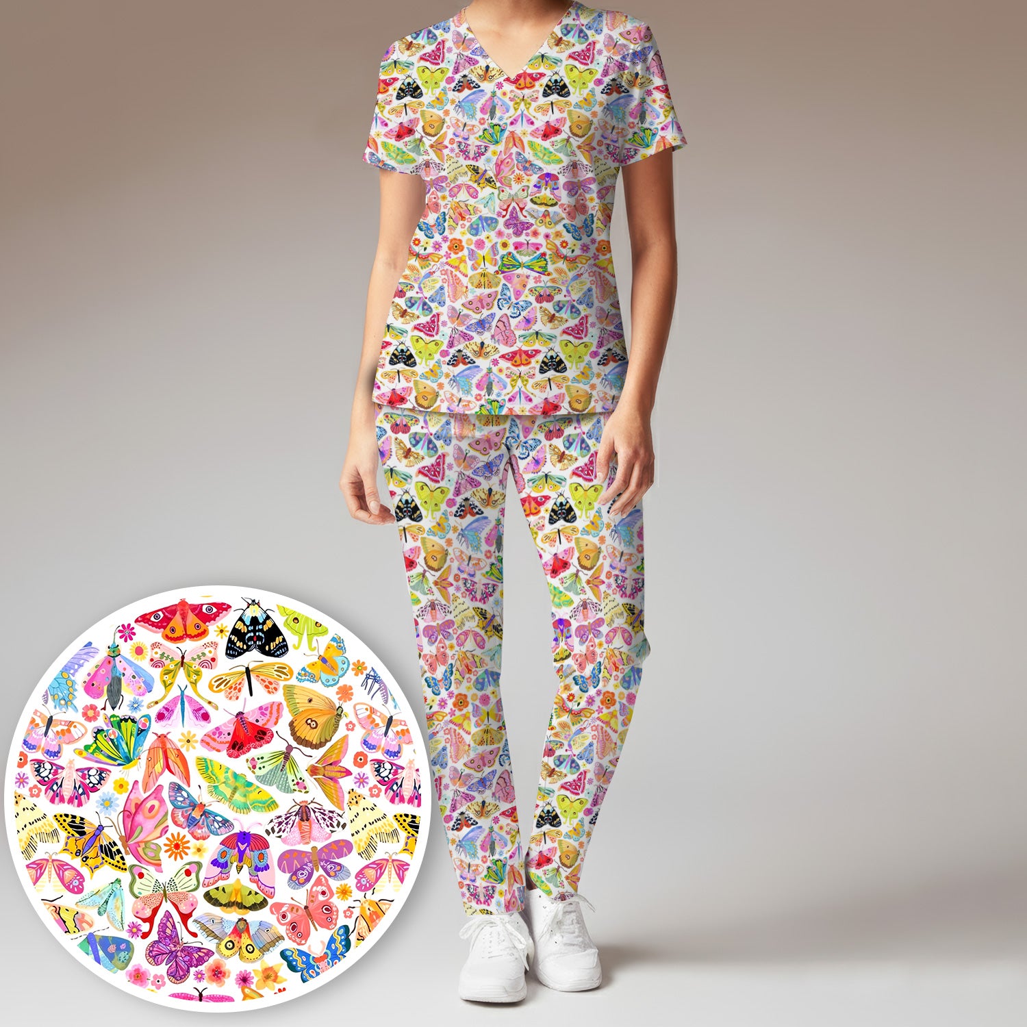 Cute Bright Butterfly Moth Floral Scrub Top, Breathable Fabrics Nursing Uniform