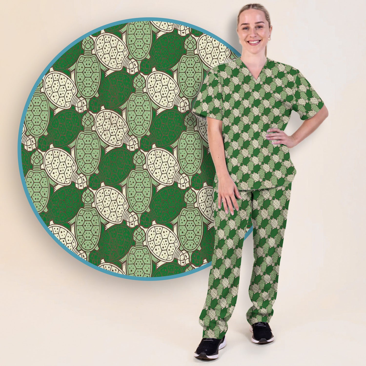 Green Sea Turtle Shell Pattern Scrub Set, Scrub Pants and V Neck Top