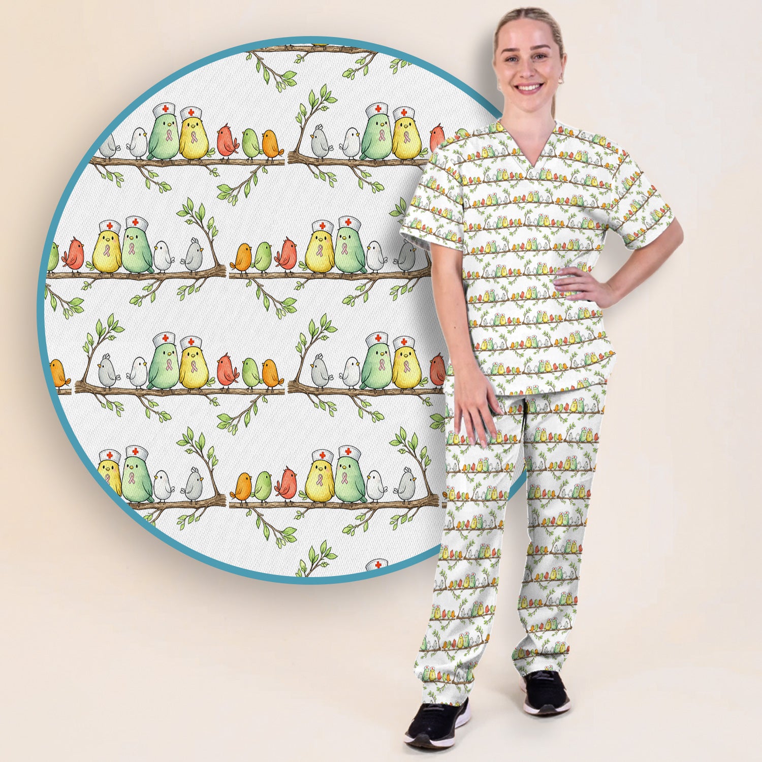 Cute Pink Ribbon Birds Scrub Set, Scrub Pants and V Neck Top