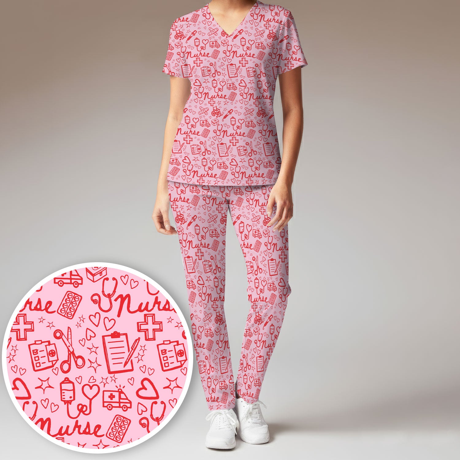 Cute Nurse Heart Medical Pattern Scrub Set, Breathable Med Uniform