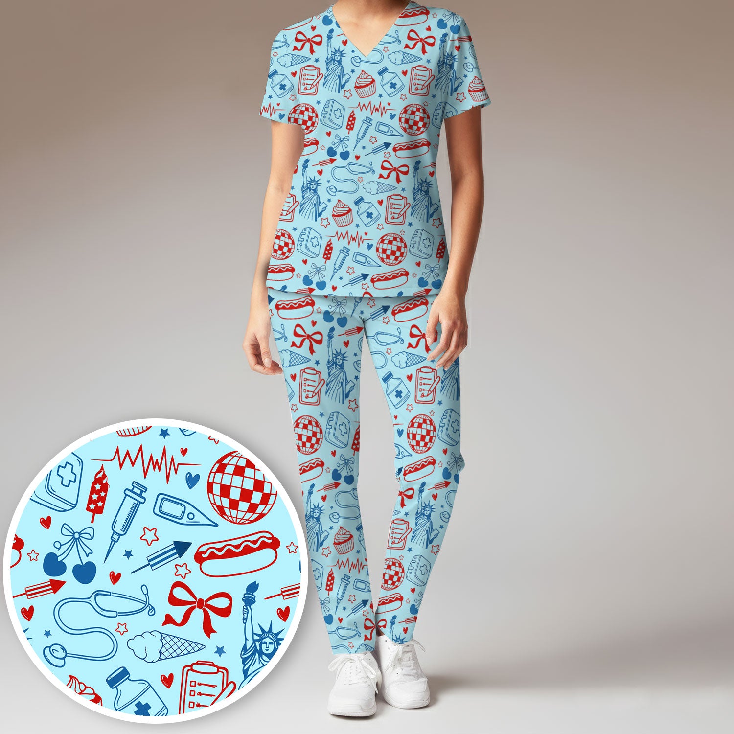 Patriotic Nurse Medical Icons Pattern Scrub Set, Scrub Pants and V Neck Top