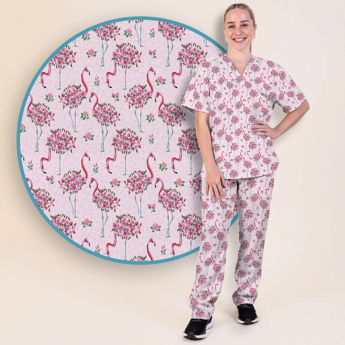 Pink Flamingo Floral Pattern Scrub Set, Scrub Pants and V Neck Top