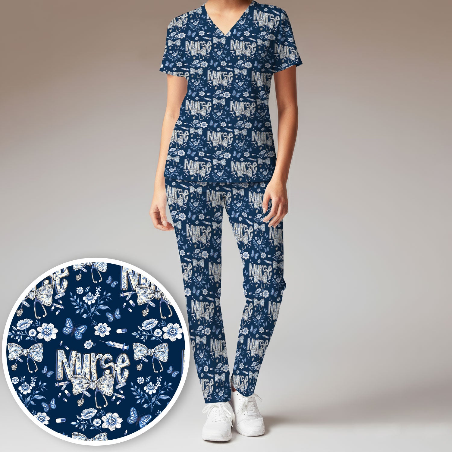 Blue Nurse Bow Butterfly Floral Pattern Scrub Set,  Breathable Med Uniform