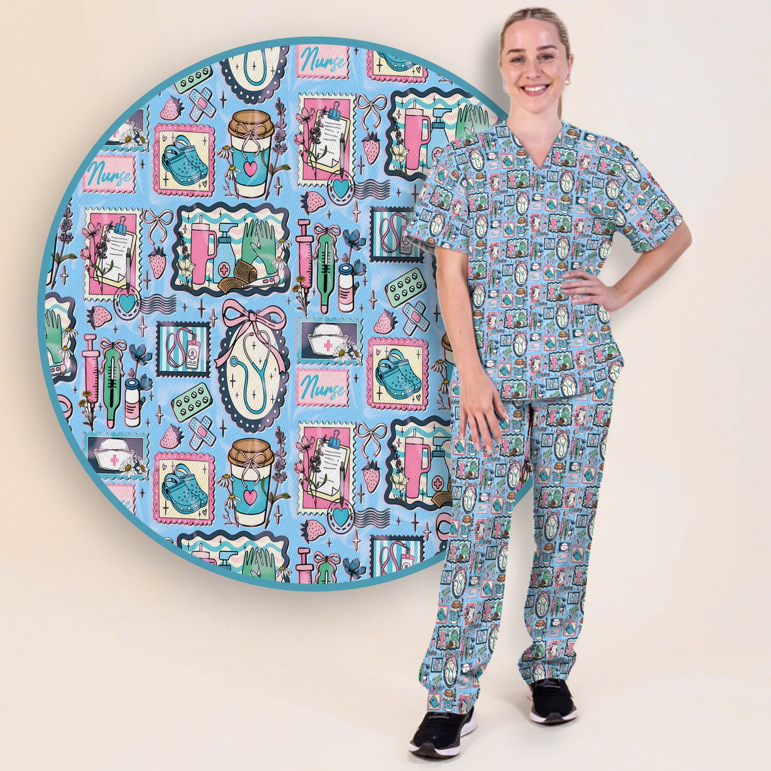 Medical Tools Stethoscope Syringe Frame Scrub Top, Breathable Fabrics Nursing Uniform