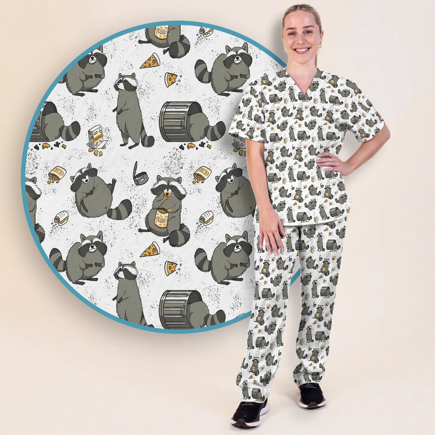 Raccoon Snack And Trash Can Pattern Scrub Set, Breathable Med Uniform