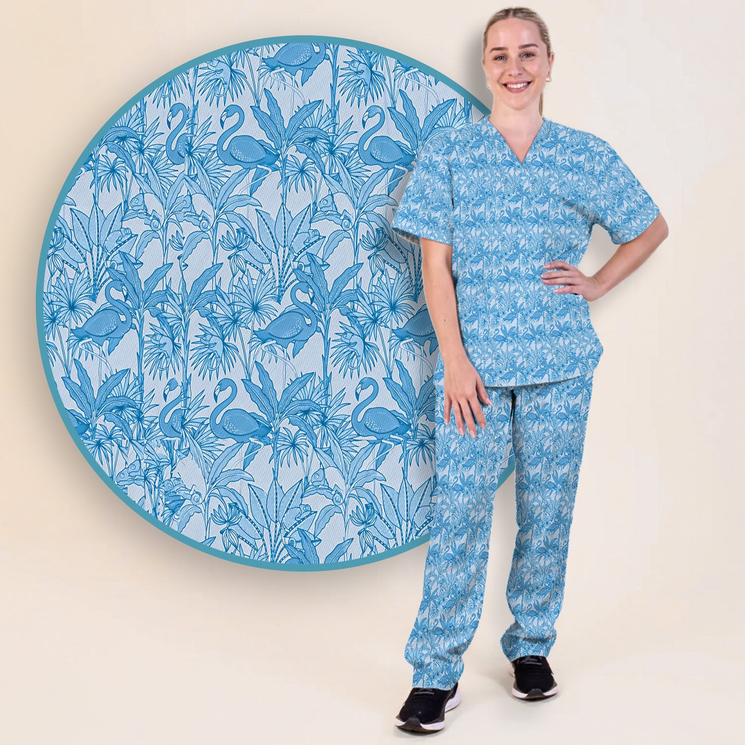Tropical Flamingo Palm Leaves Pattern Scrub Top, Breathable Fabrics Nursing Uniform