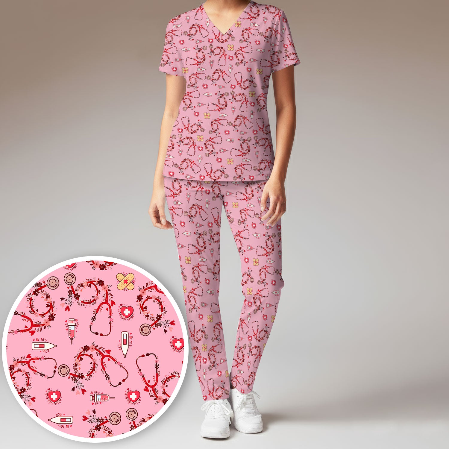 Heart Stethoscope Medical Pattern Scrub Set, Breathable Med Uniform