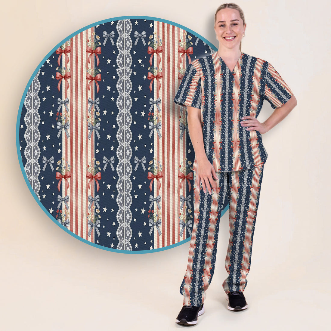 Patriotic Bow Lace Stripe Pattern Scrub Set, Scrub Pants and V Neck Top
