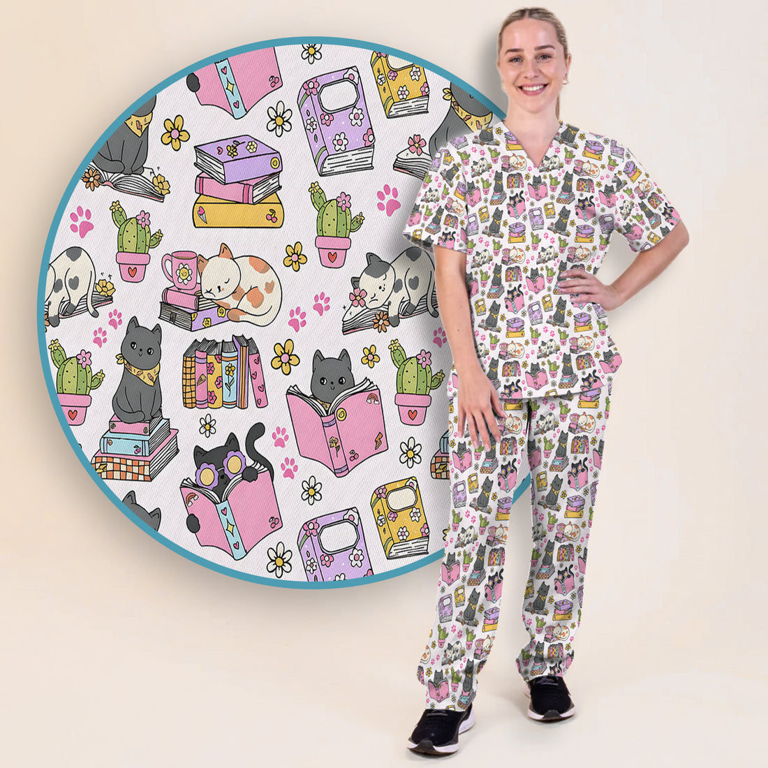 Cute Cat Book Cactus Seamless Pattern Scrub Set, Scrub Pants and V Neck Top