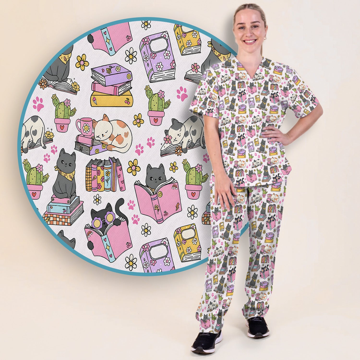 Cute Cat Book Cactus Seamless Pattern Scrub Set, Scrub Pants and V Neck Top