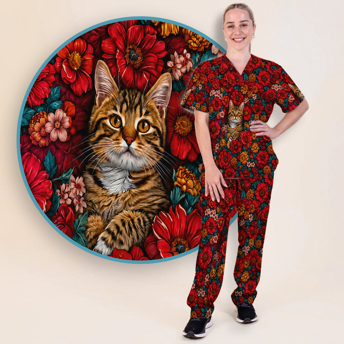 Adorable Tabby Cat Floral Garden Pattern Scrub Set, Scrub Pants and V Neck Top