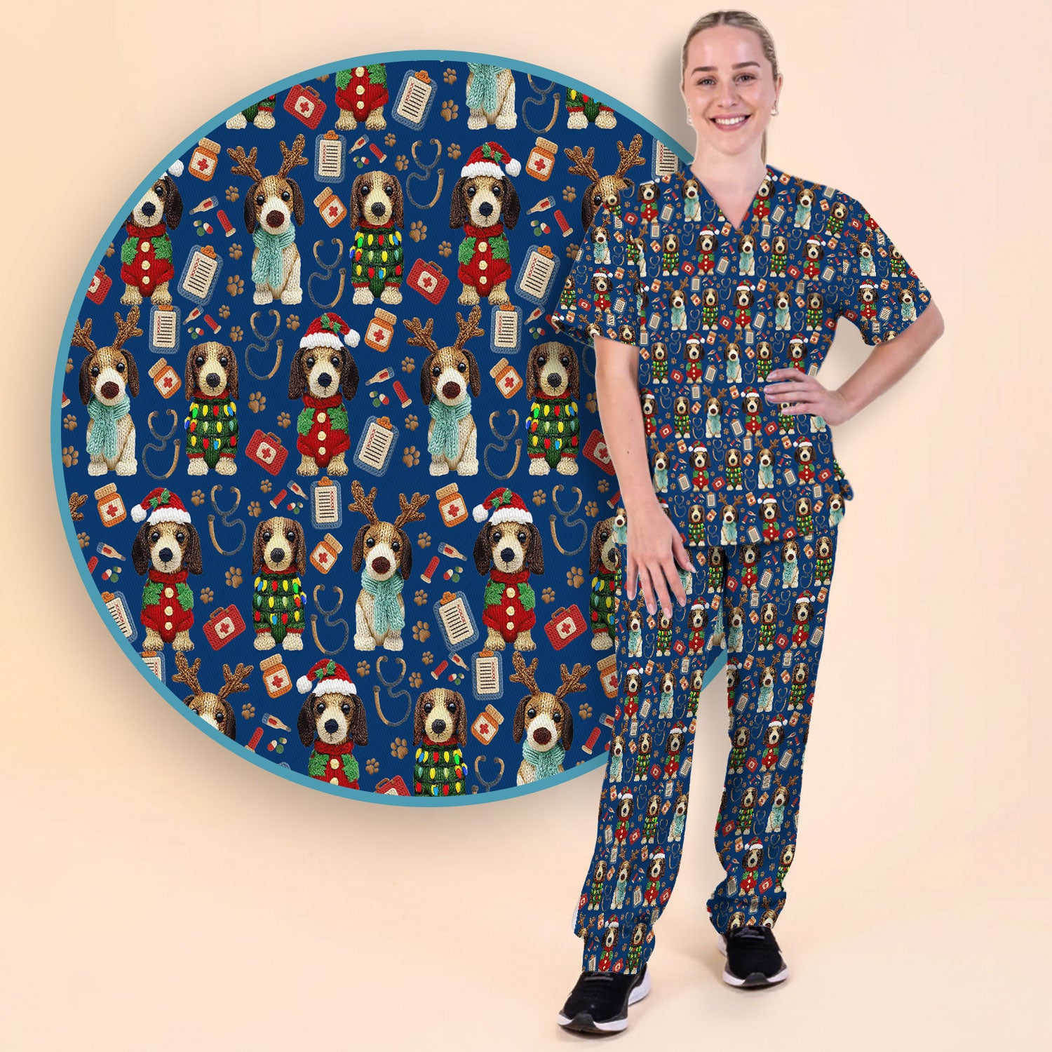 Christmas Wiener Dog Scrubs Set for Women - Cute Dachshund Christmas Scrub Pants and V Neck Top - Puppy Lover Medical Uniform Gift
