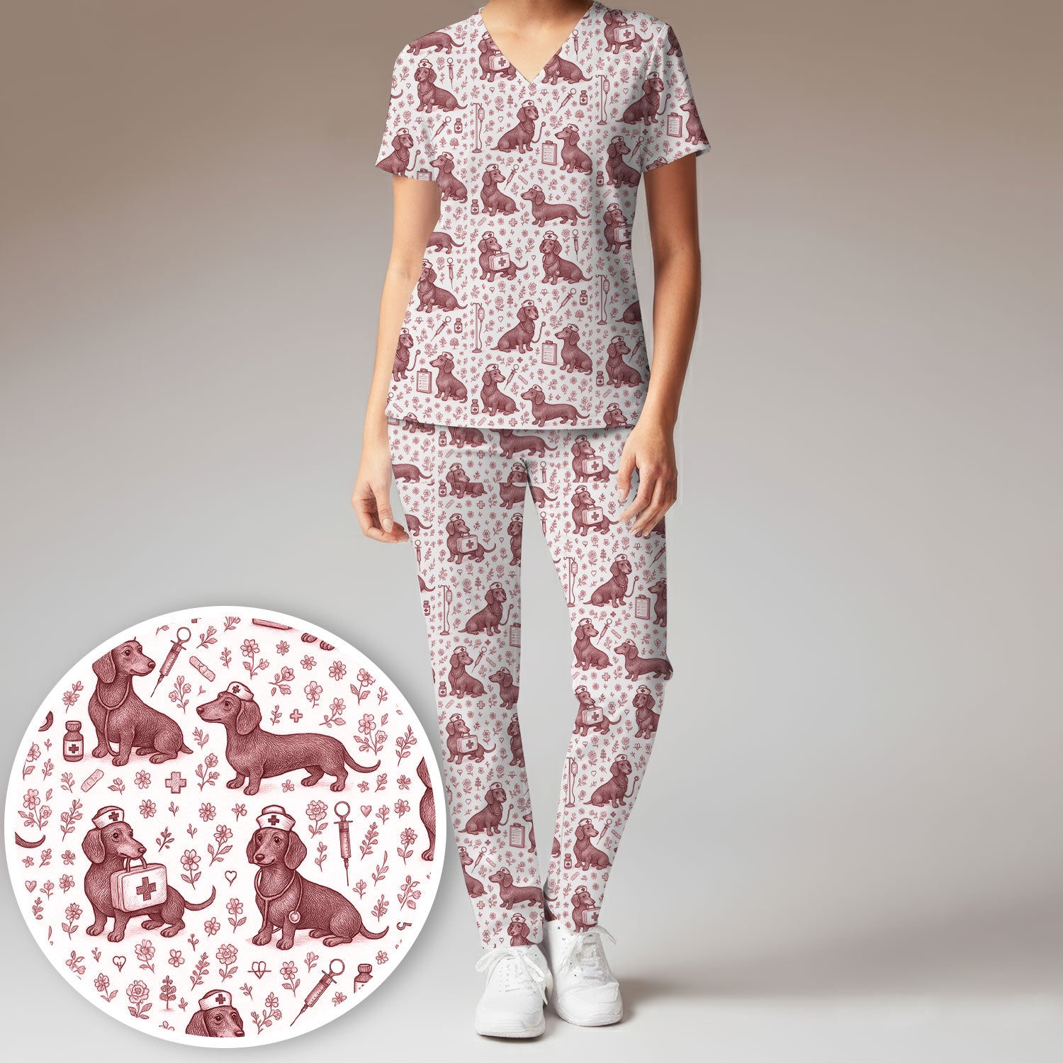Vintage Dachshund Scrub Set - Artistic Dog Pattern Medical Scrubs - Cute Pet Lover Nurse Gift for Women