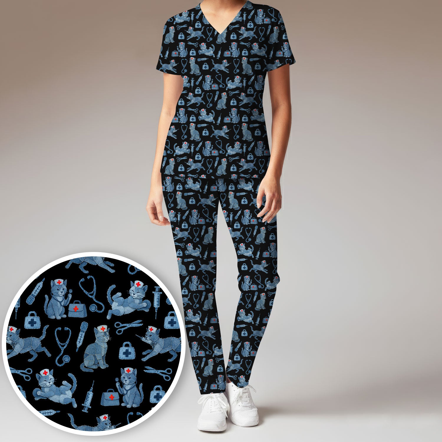 Cute Cat Scrubs for Women - Funny Kitty Pattern Scrub Top & Pants - Playful Nurse Scrubs with Charming Cat Print for Healthcare Workers