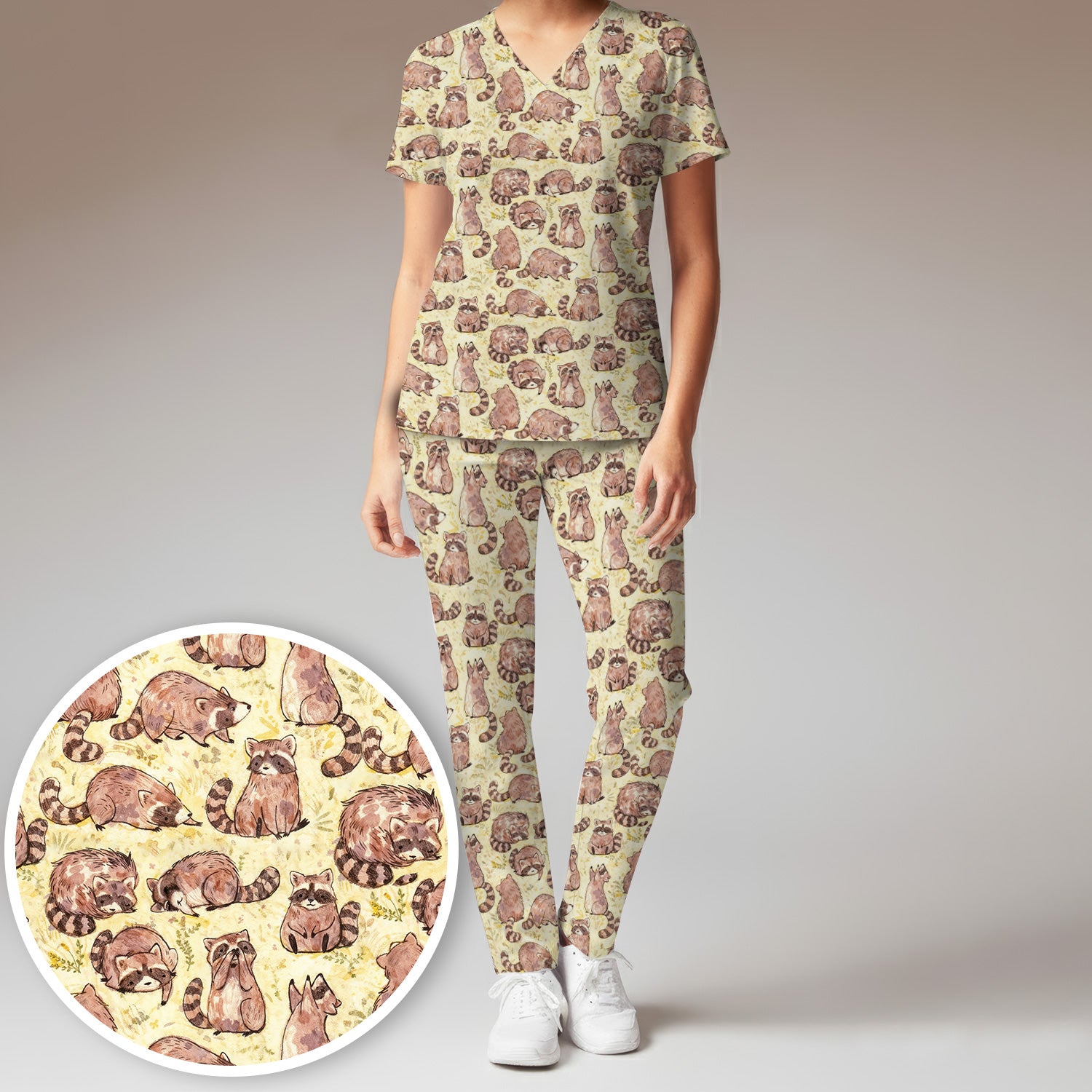 Cute Raccoon Woodland Pattern Scrub Set, Scrub Pants and V Neck Top