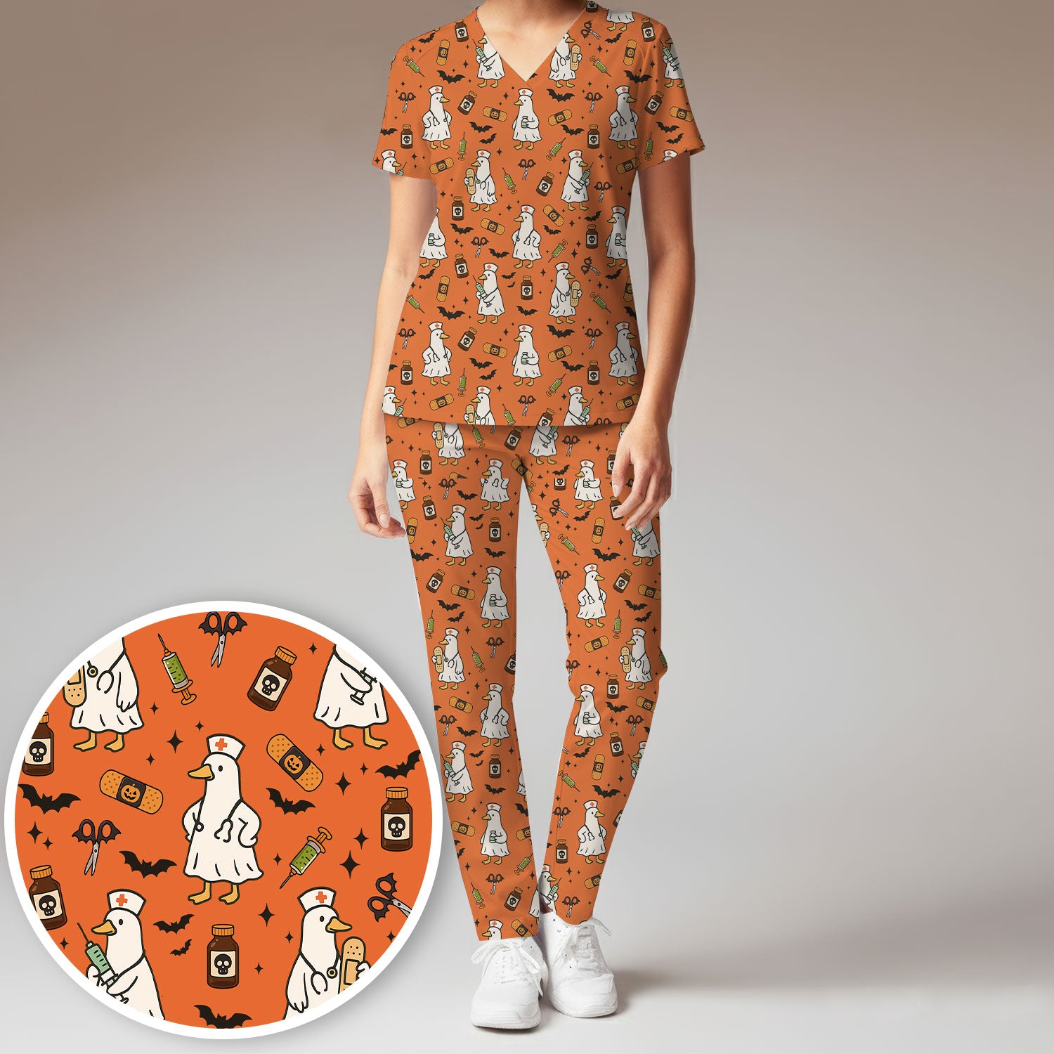 Goose Halloween Nurse Scrub Set - Quirky Duck Medical Pattern - Funny Spooky Nursing Outfit Gift for Women RN LPN CNA