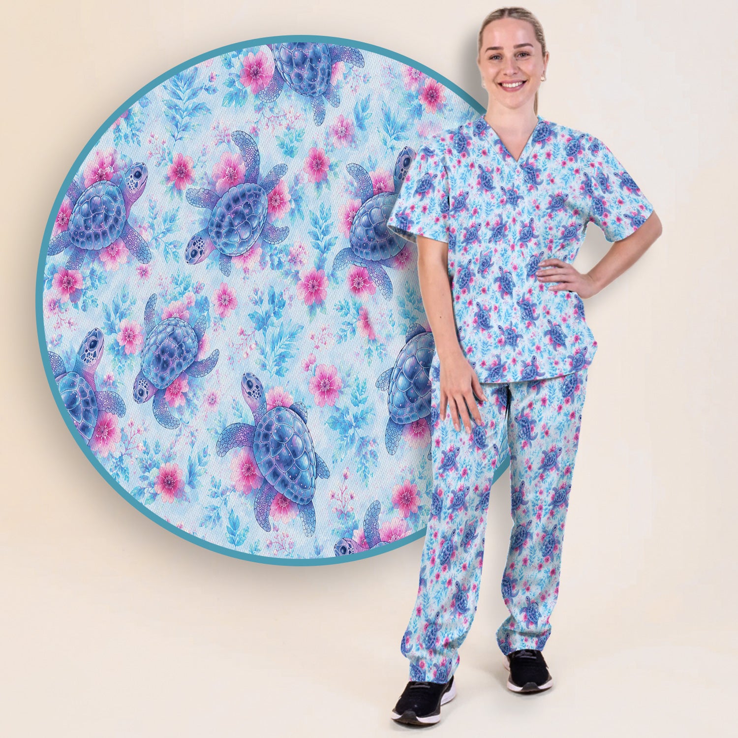 Cute Sea Turtle Floral Print Scrub Set, Scrub Pants and V Neck Top