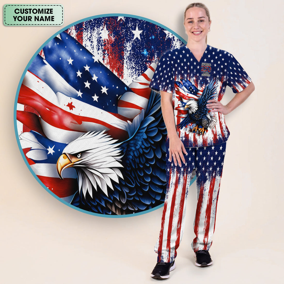 Personalized Patriotic Eagle Flag Pattern Scrub Set, Scrub Pants and V Neck Top