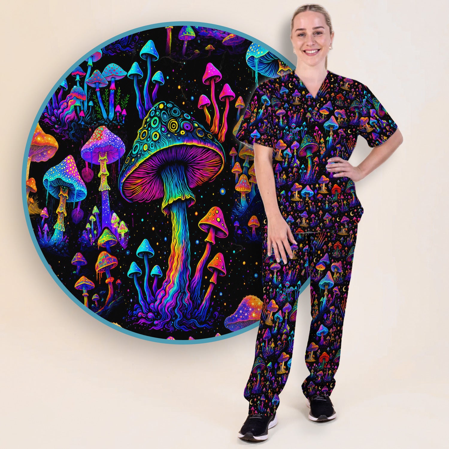 Neon Fantasy Mushroom Print Scrub Set, Scrub Pants and V Neck Top