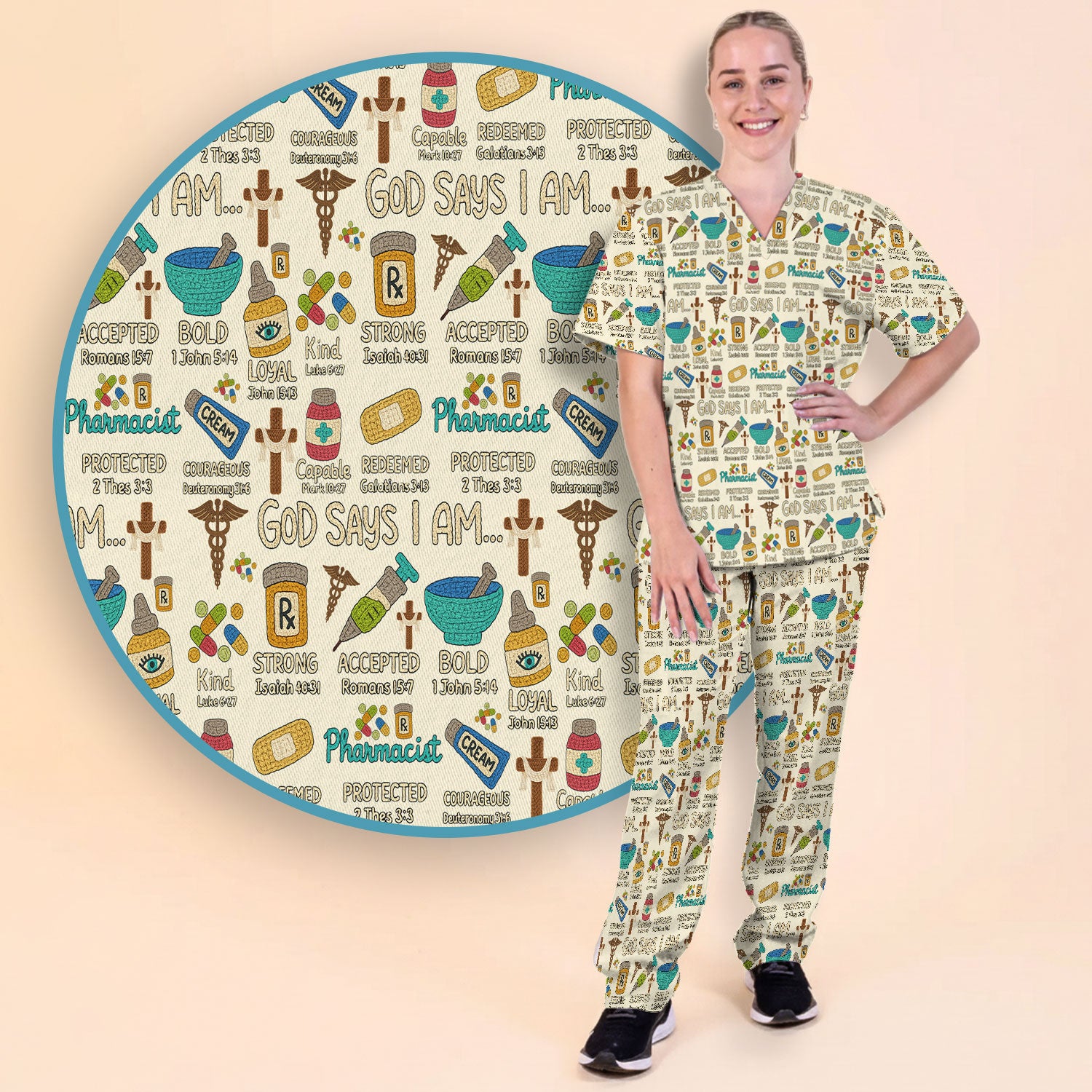 God Says I Am Pharmacist Scrub Set - Christian Pharmacy Scrubs Pants and V Neck Top for Women - Bible Verse Nurse Shirt
