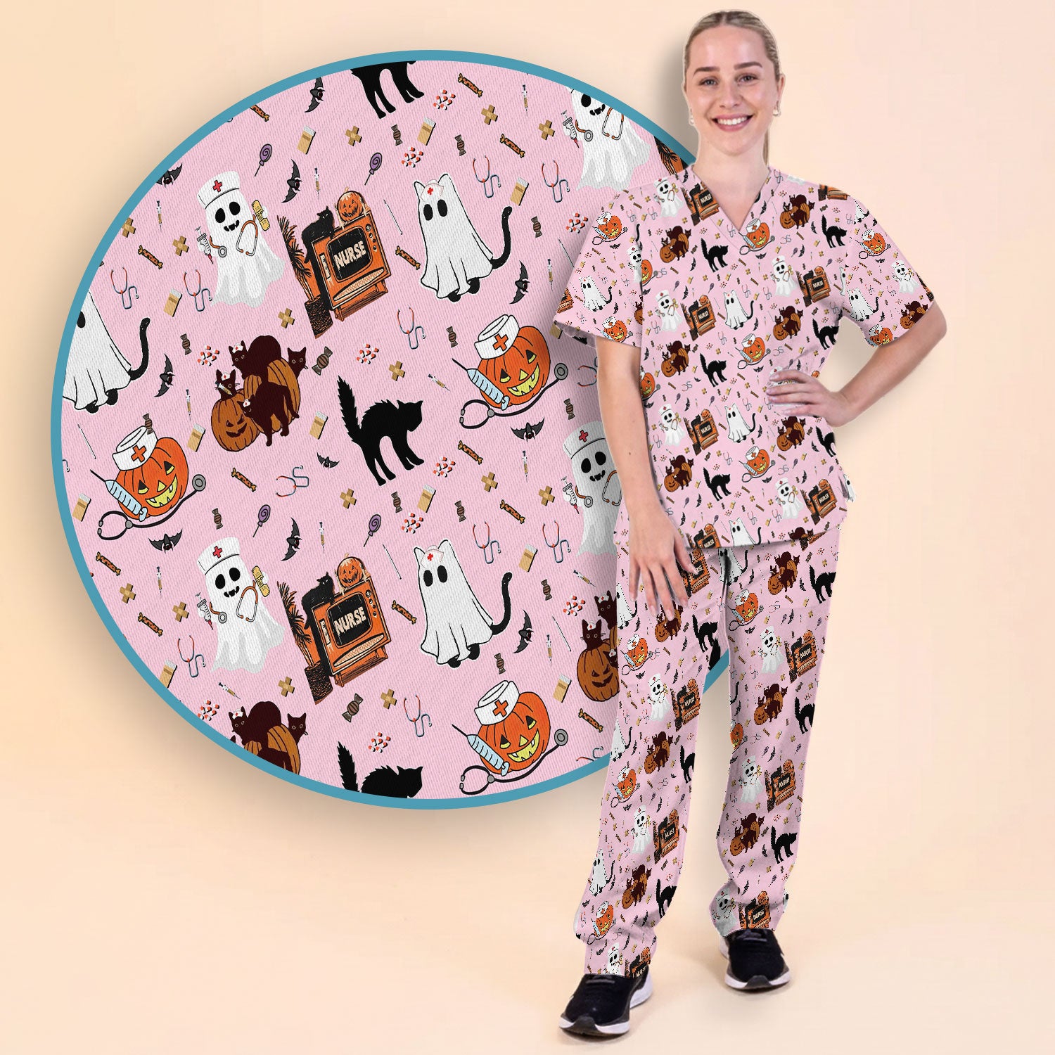 Halloween Scrub Set for Nurse - Cute Pumpkin Ghost Cat Medical Pants and V Neck Top - Spooky Uniform for Women RN CNA LPN