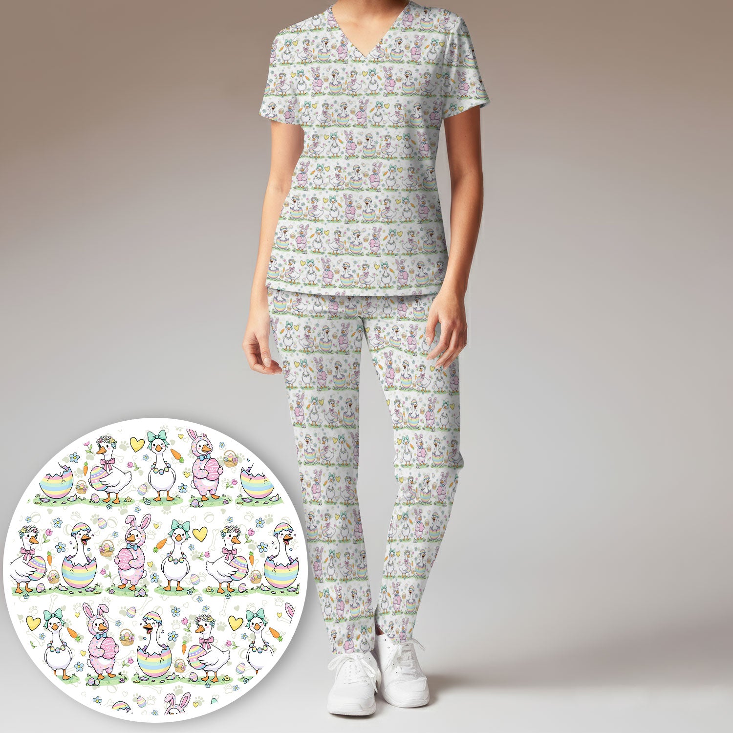 Spring Easter Goose and Bunny Print Scrub Set, Breathable Med Uniform