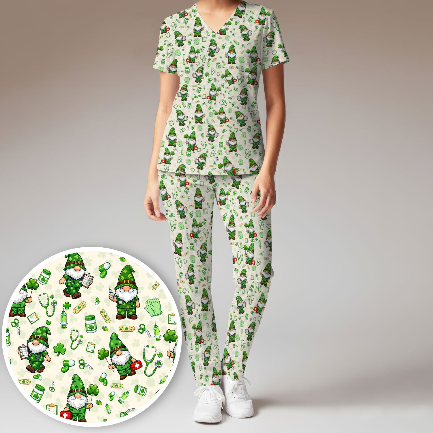 St. Patrick’s Day Nurse Gnome Scrub Set, Green Lucky Medical Pattern Nurse Shirt, Breathable Fabrics Nursing Uniform