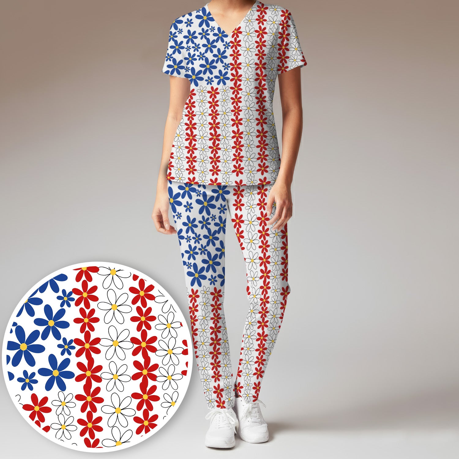 Retro Red Blue Daisy Stripe Pattern Scrub Top, Breathable Fabrics Nursing Uniform