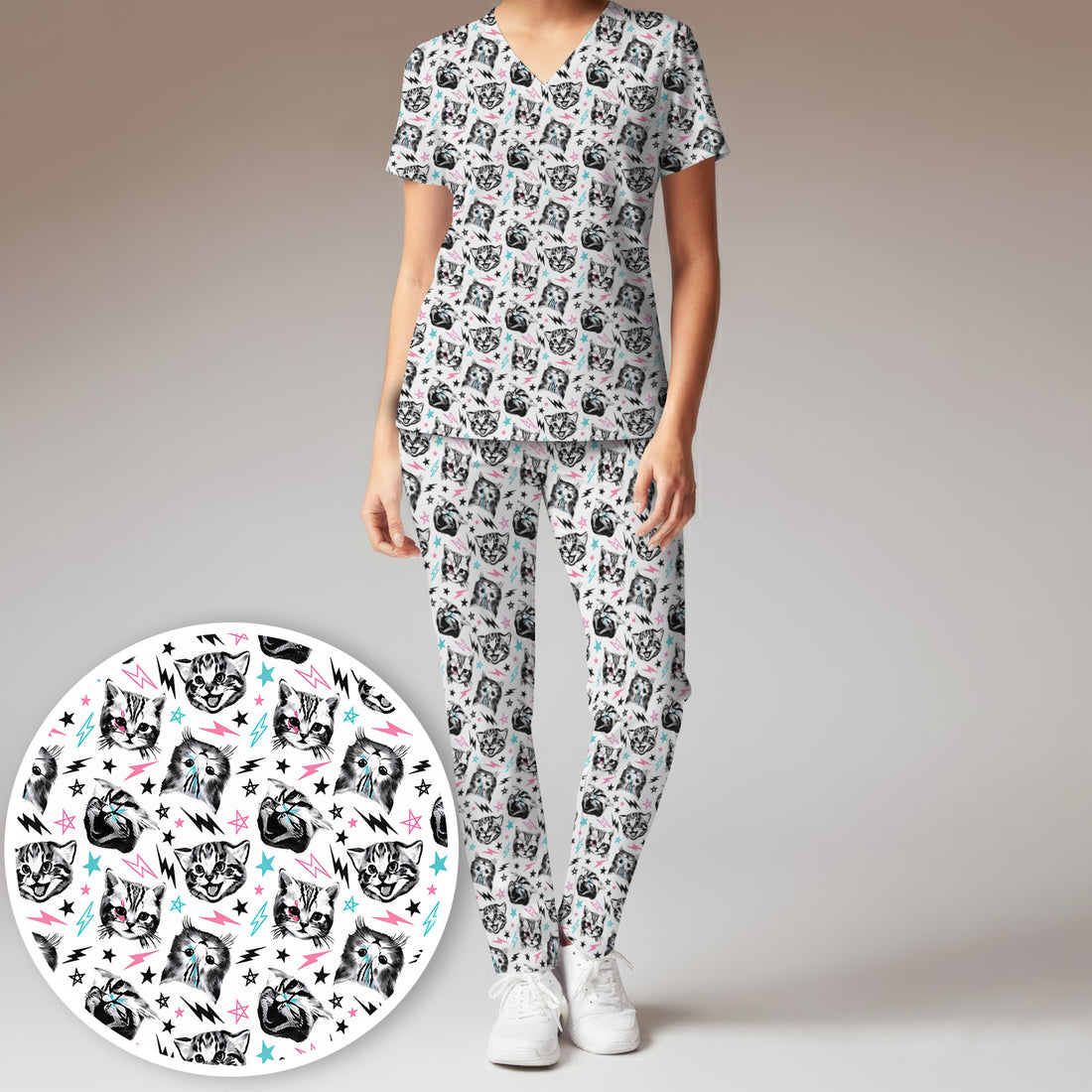 Playful Cat Faces Lightning Pattern Scrub Set, Scrub Pants and V Neck Top
